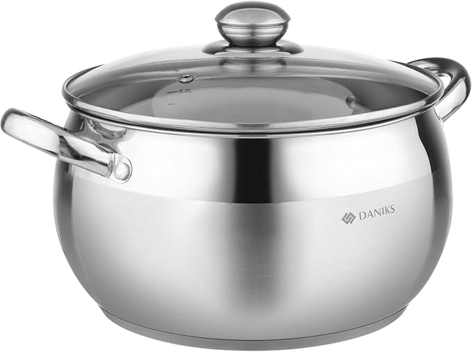 Daniks Classic 6.5 Quart Stainless Steel Stock Pot with Glass Lid, Tri-Ply Bottom for Even Heating, Induction Compatible, Dishwasher Safe