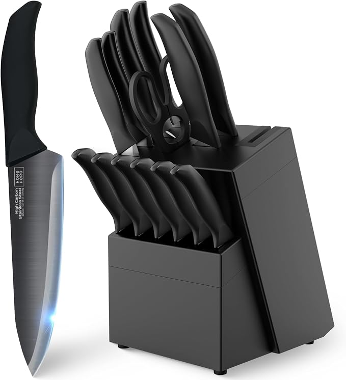 Home Hero 15-Piece Kitchen Knife Set - Knife Block Set | Black Stainless Steel Knife Set with Wooden Block - Built-In Sharpener, Ergonomic Handles & Nonstick Coating (15-Piece)