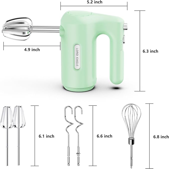 Lord Eagle 5-Speed Hand Mixer Electric With 4 Mixing Bowls Set | 300W Lightweight Kitchen Handheld Mixer with Measuring Cups & Spoons, Stainless Steel Bowls, Baking Supplies for Cake, Green