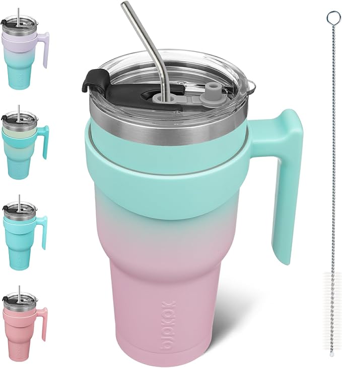 BJPKPK 40 oz Tumbler with Handle & Straw, Insulated Stainless Steel Mug | Double Wall Vacuum, Keeps Hot/Cold, Thermal Cup, BPA Free, Dishwasher Safe, Cupholder Fit, Coffee & Travel, Bubble Gum