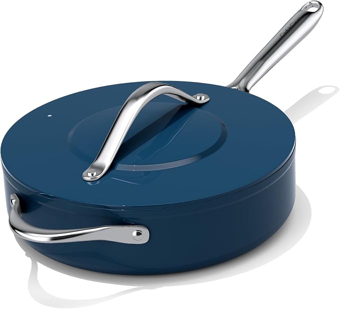 CookinCraze Premium Ceramic Sauté Pan with Lid, 4.5 QT Nonstick Deep Pan | for Healthy Everyday Cooking, PFAS & PTFE Free, Induction Compatible, Oven Safe up to 500°F, Stay-Cool Handle, Navy Blue