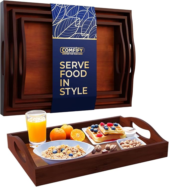Comfify Dark Brown Bamboo Serving Trays Set of 3 – Nesting Ottoman Trays | Dark-stained bamboo with walnut tones; cutout handles; for coffee table, bar and bedroom dresser; S: 12", M: 14.5", L: 16.25"