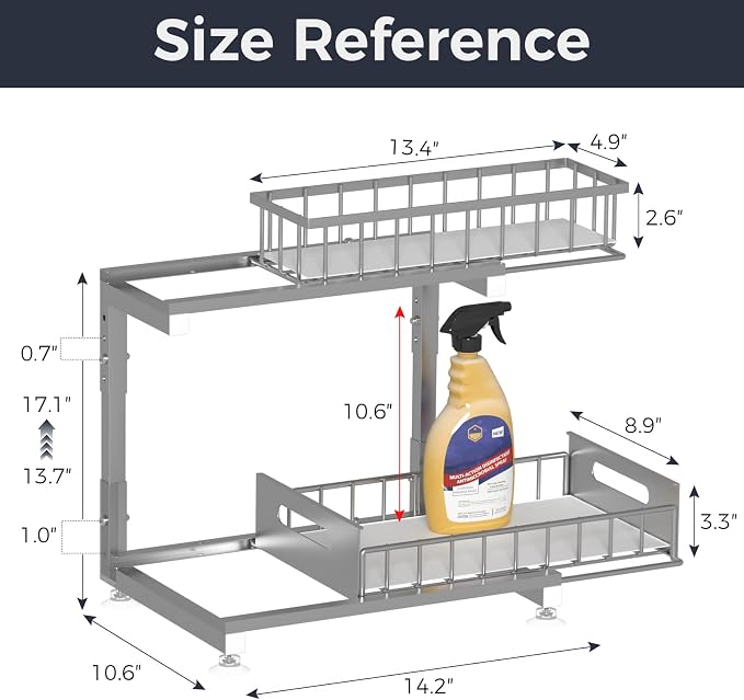 L-Shaped Under Sink Organizer, 2-Tier Pull-out Cabinet Rack 1-Pack | Grey Height-Adjustable Metal Rack, Sliding Grid Drawers with Safety Stopper, Holds 100 Lbs, Ideal Kitchen Cabinet Storage