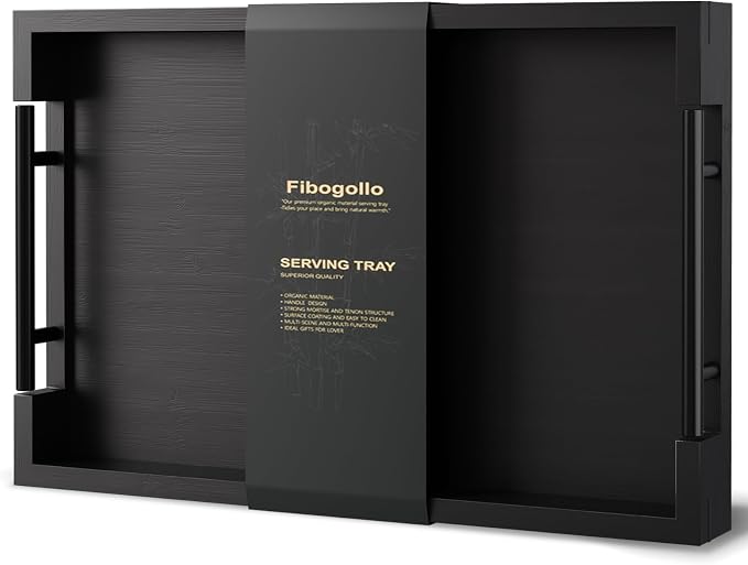 Fibogollo Bamboo Serving Trays with Metal Handles,Medium(Black) | 15 x 10Inch Ottoman Decorative Trays Platter for Coffee Table,Living Room,Bar,Party,Holiday Hosting and Outdoor Entertaining