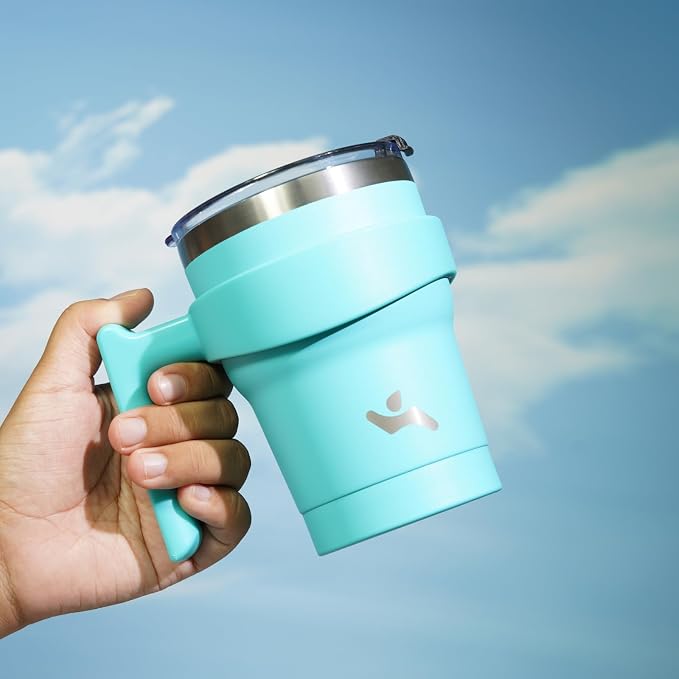 Konokyo 10 oz Tumbler with Handle and Straw, Insulated Travel Mug | Turquoise; BPA-free, leak-proof tumbler with 2 lids, 2 straws, cup holder fit for coffee, office, travel & daily use