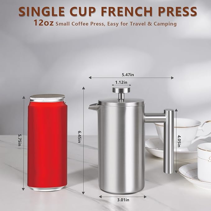 12 OZ French Press Coffee Maker, Sturdy Full Stainless Steel Coffee Press | Mini Small Camping French Presses Coffee Maker, Teapot for Kitchen Travel, 1-2 Cup, 350 ml, Elegant Silver