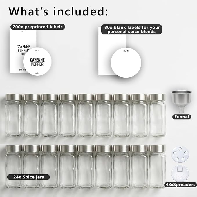Deco haus Empty Glass Spice Jars with White Label 24x4oz [LABELS incl] Spice Containers with Labels, Shaker Lids & Funnel - Empty Herb Seasoning Containers, Small Seasoning Bottles for Herb | Spice Shaker Glass with Shaker Insert, Pen - Spice Container...