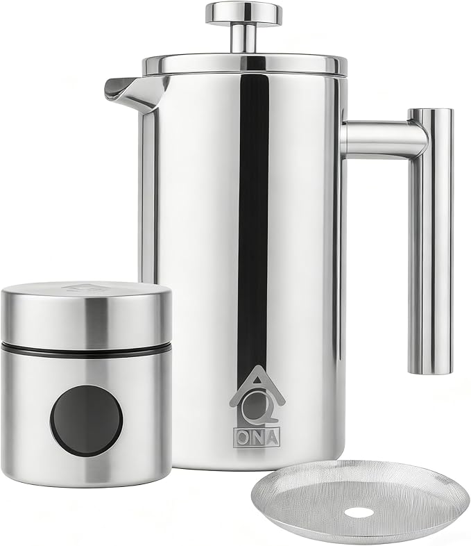 QNA French Press Coffee Maker Set, 20oz 304 Stainless Steel | Includes a coffee canister and extra filter for 4-layer filtration, making 5-6 cups of smooth coffee with fewer grounds.