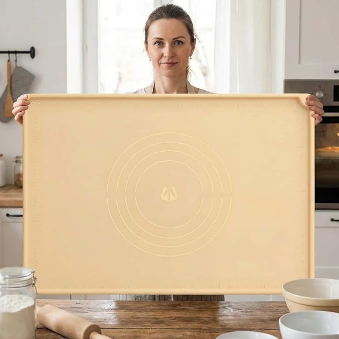 Ink-free Extra Large Silicone Pastry Mat for Healthy Baking 32 * 24Inch Large, Thickness 0.08Inch Heavy Duty Non-Slip Dough Rolling Mat, Non-Stick, Non-Slip and BPA Free Baking Mat.(Beige)