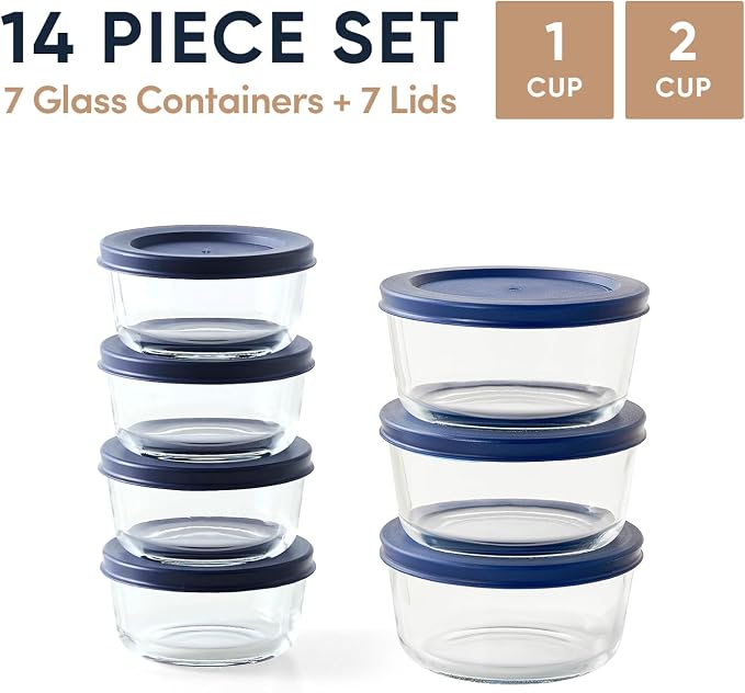 14-Piece Glass Food Storage Containers Set (7 Containers + 7 BPA-Free Lids) | 1-Cup & 2-Cup, Leakproof | Microwave, Freezer, Oven & Dishwasher Safe | Ideal for Meal Prep & Pantry Organization, Blue