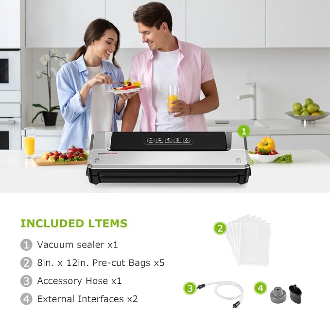 Bonsenkitchen Vacuum Sealer Machine, Multiple Modes For Meal Prep,Silver | Compact Vacuum Sealer for Kitchen Storage & Sous-Vide,External Vacuum System,6x Longer Freshness,5 Vacuum Bags