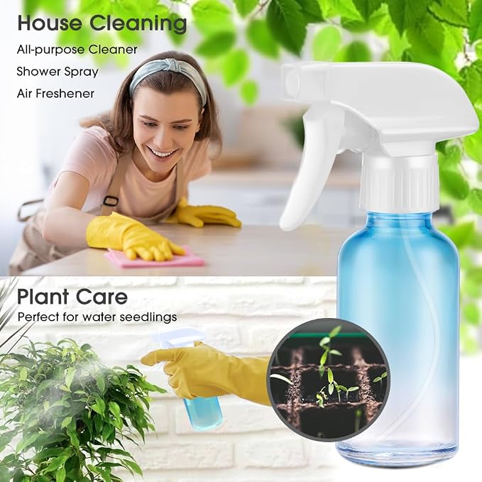 Small Glass Spray Bottle 4 OZ, 2 Pack Empty Blue Glass Spray Bottles | Empty Spray Bottles for cleaning, Plants, Pets, Hair, Durable Spray Nozzle, Fine Mist, Labels, Funnel, Pipettes, Reusable