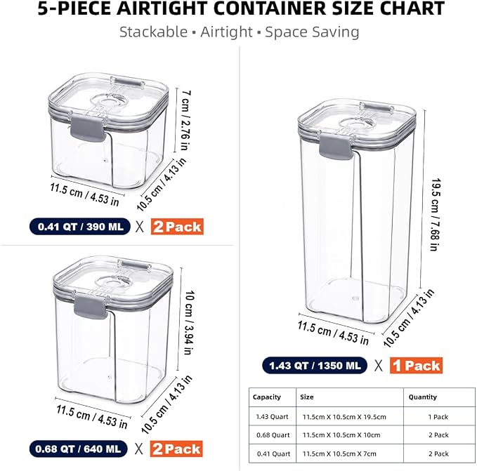 5-Piece Clear Vacuum Seal Canisters with Pump, Airtight Storage Containers for Cereal, Flour, Sugar & Pantry Organization (1.43 QT, 0.68 QT*2, 0.41 QT*2)