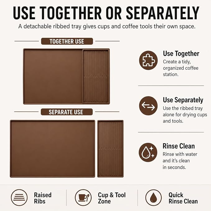 Silicone Coffee Mat 24 x 16 in with Tray, Classic Coffee Brown | Coffee bar mat for countertop use, coffee station mat or coffee machine mat with removable tray and 0.47 in raised rim.