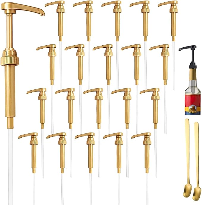 20 Pcs Gold Coffee Syrup Pump Compatible with 25.4Oz/750ml Bottles | Syrup Dispenser Pumps, Great for Home & Coffee Bar, Drinking Mixes, Tea, Beverage, Cocktails, Syrup Bottles, Plus Spoons