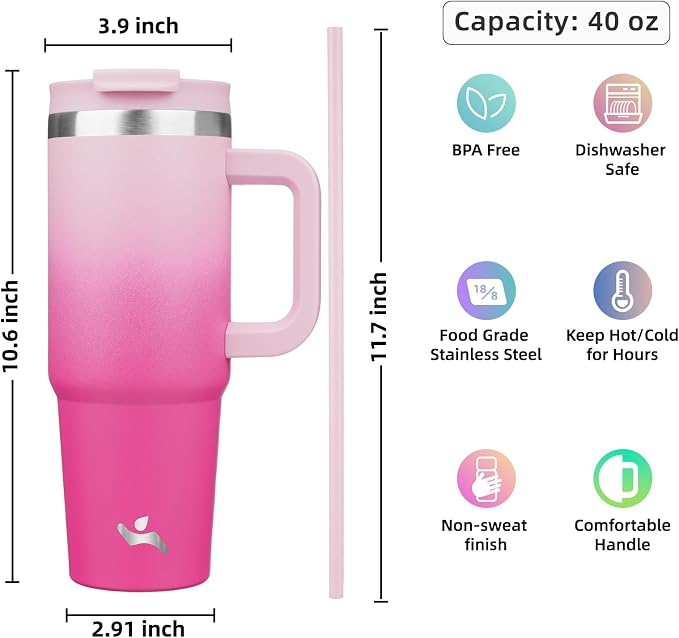 Konokyo 40 oz Insulated Tumbler Water Bottle with Handle, Straw Lid | BPA-free and dishwasher safe; made for gym, travel, coffee and gifting, 2 straws, cup holder friendly,Cherry Blossoms