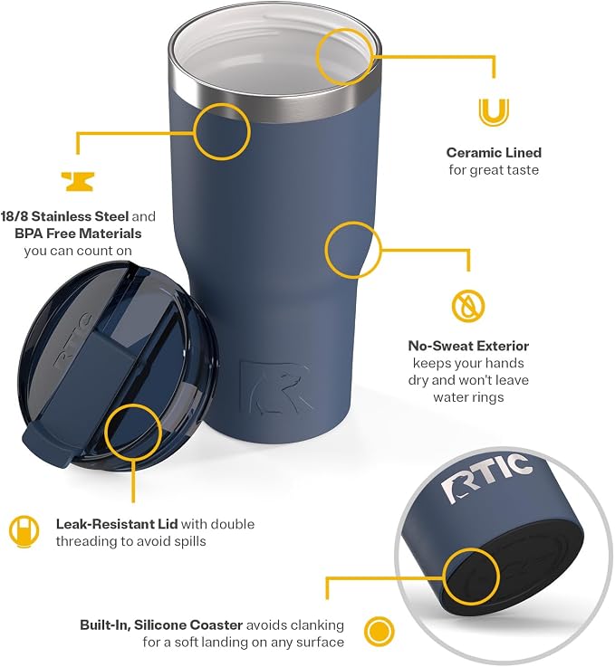 RTIC 30oz Essential Tumbler with Lid, Ceramic Lined, Navy | Insulated, Stainless Steel Metal, Portable Travel Cup for Hot and Cold Drinks, Coffee, Car, Camping and Travel