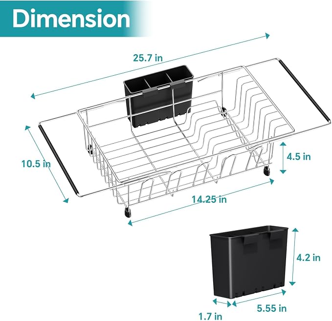 Simple Trending Dish Drying Rack in Sink with Utensil & Cup Holder | Expandable Dish Rack Over The Sink, Stainless Steel Dish Drainer for Small Kitchen, Space Saving, Non-Slip Feet, Fast Drain