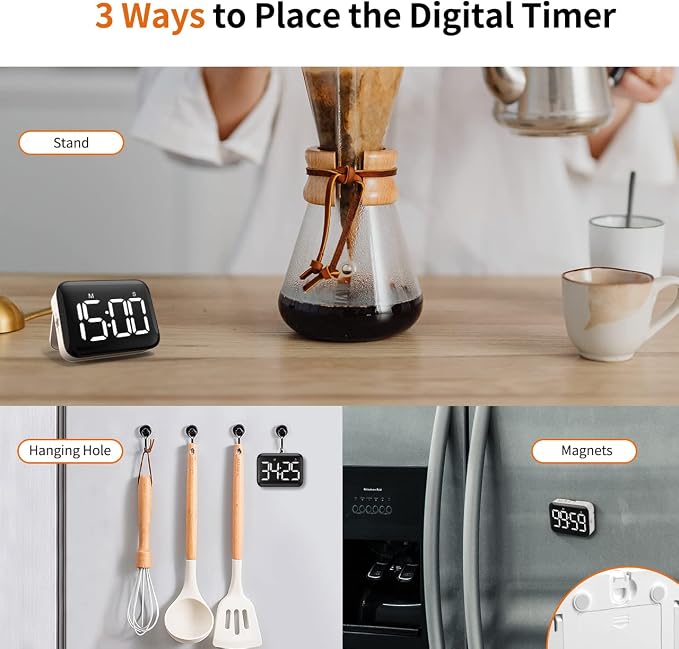 Magnetic Kitchen Timer for Cooking with Count Up Countdown, Digital Timer Battery Powered with Large Display, 2 Brightness and Volume Levels for Classroom, Teacher, Kids