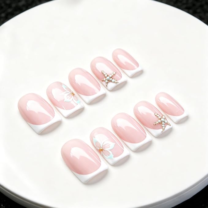 Summer Press on Nails Muti-Layer Gel Thick Handmade Press on Nails Short Square White French Tip Acrylic Nails Beach Starfish Fake Nail Designs Full Cover Ocean False Nail for Women (S)