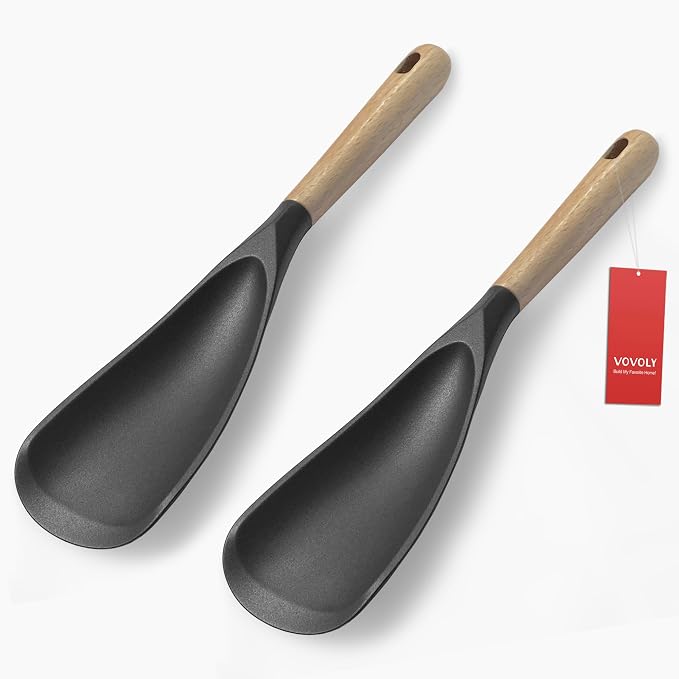 Cooking Spoon for Nonstick Cookingwares, Silicone Spatula Spoon for Mixing, Scoop, and Scrape, (Black-2 pack, 11.4'')