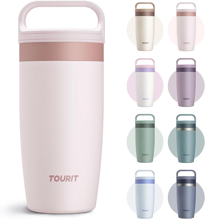 TOURIT Travel Coffee Mug 16 oz, Leakproof 2-Part Drink Lid Coffee Tumbler Cup, Insulated Stainless Steel Travel Mug, Dishwasher Safe Reusable Water Bottle, BPA-Free Coffee Mug, Light pink