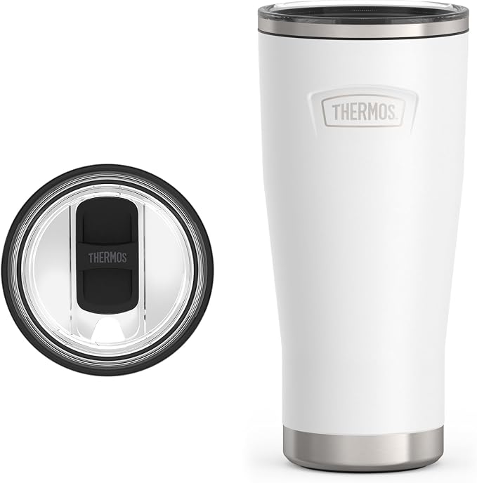 THERMOS Icon Series 24oz Stainless Steel Tumbler with Slide Lock Lid, Leakproof, Fits Cupholder, Dishwasher Safe, Griptec™ Non‑Slip Base, Keeps Drinks Hot 6 Hrs/Cold 22 Hrs, Snow