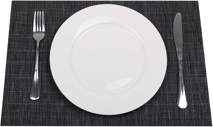 SHACOS Placemats Set of 6 Woven Vinyl Place Mats for Dining Table Wipe Clean Stain Resistant Table Mats Indoor Outdoor (6, Black)