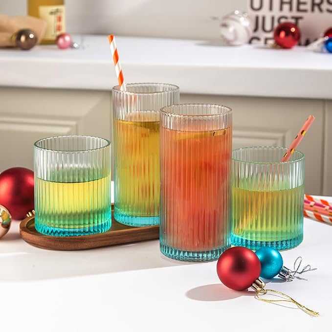 Ribbed Drinking Glasses 8pcs, 12oz and 10oz Glassware, Tumbler Glasses Cup Set for Wedding, Party, Christmas Gift, Blue
