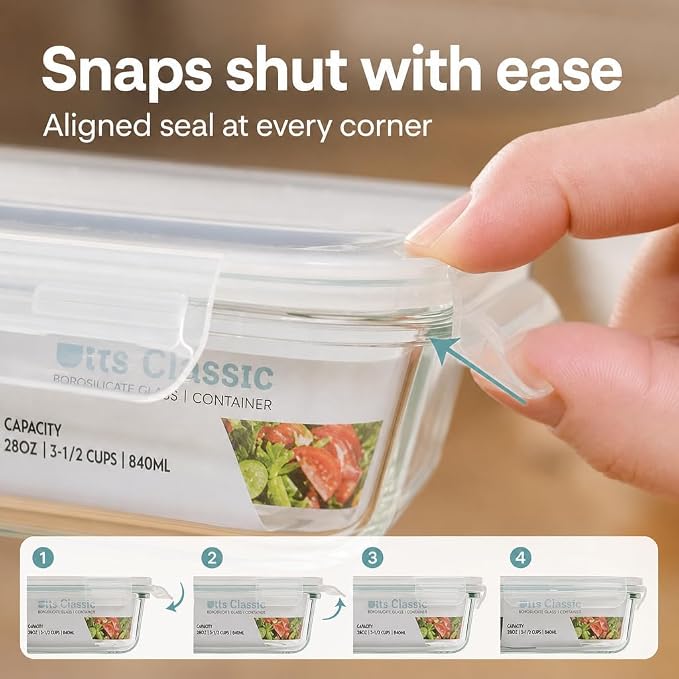Glass Food Storage Containers, 4pk-28oz, Transparent Lids | Locking Lids, Meal Prep Containers, 1 Compartment, BPA Free and Dishwasher Safe