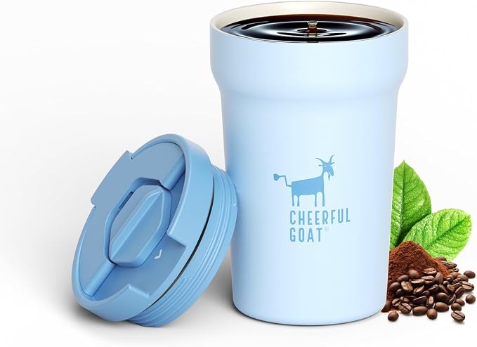 CHEERFUL GOAT Ceramic Lined Coffee Mug – Stainless Steel Travel insulated Tumbler with Ceramic Liner, with lid, 12oz Leak proof Cup for Hot and Cold Water Coffee at Home, Office, or On the Go (Blue)
