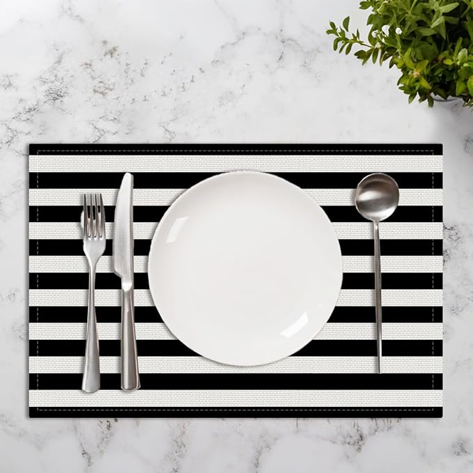 Black and White Striped Placemats Set of 4, Kitchen Table placemats Decor | Modern Minimalist Table Mats for Home Party Kitchen Dining Table Decor for Christmas halloween Dining Table, Party placemats