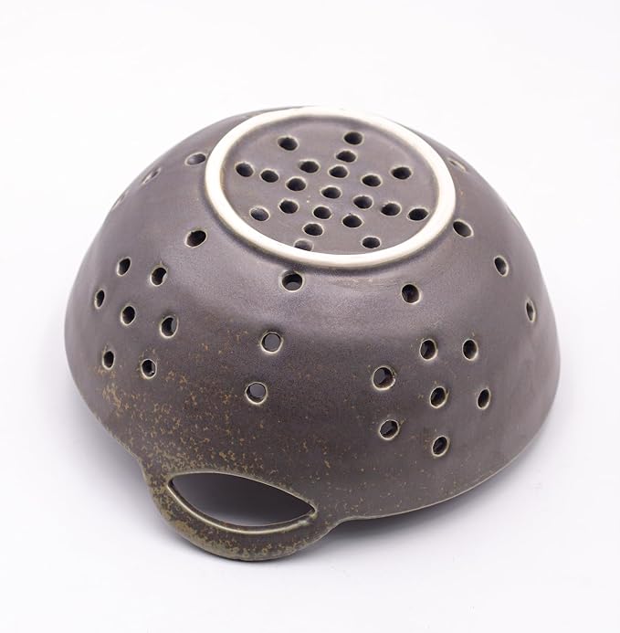 8" Ceramic Berry Colander with Handles, Reactive Glaze Fruit Washing Bowl, Rustic Stoneware Pasta Strainer for Kitchen (Charcoal Grey)