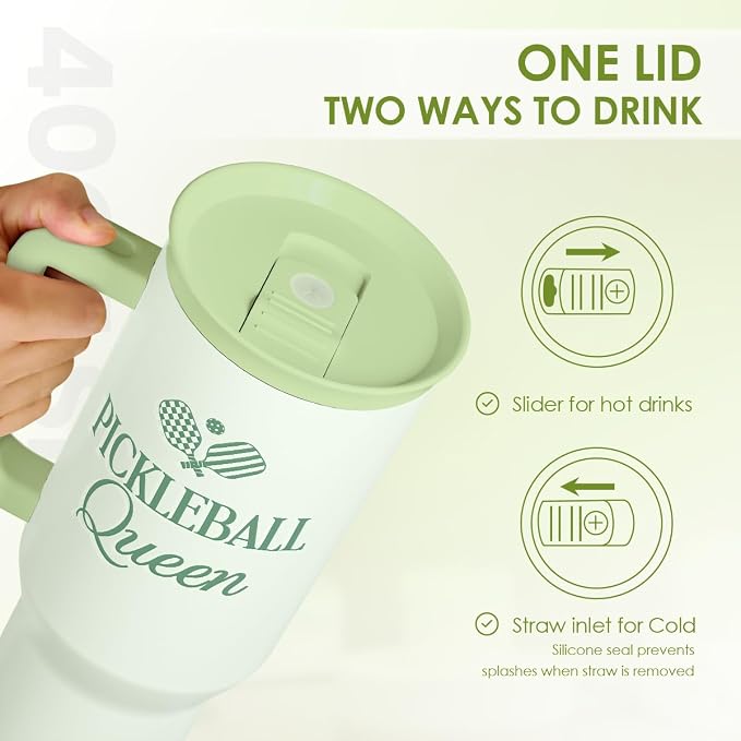 SANDJEST Pickleball 40oz Tumbler With Handle and Straw, Pickleball Queen Insulated Stainless Steel Travel Coffee Mug for Women Girls Players, Gift Idea for Birthday Christmas Mothers Day