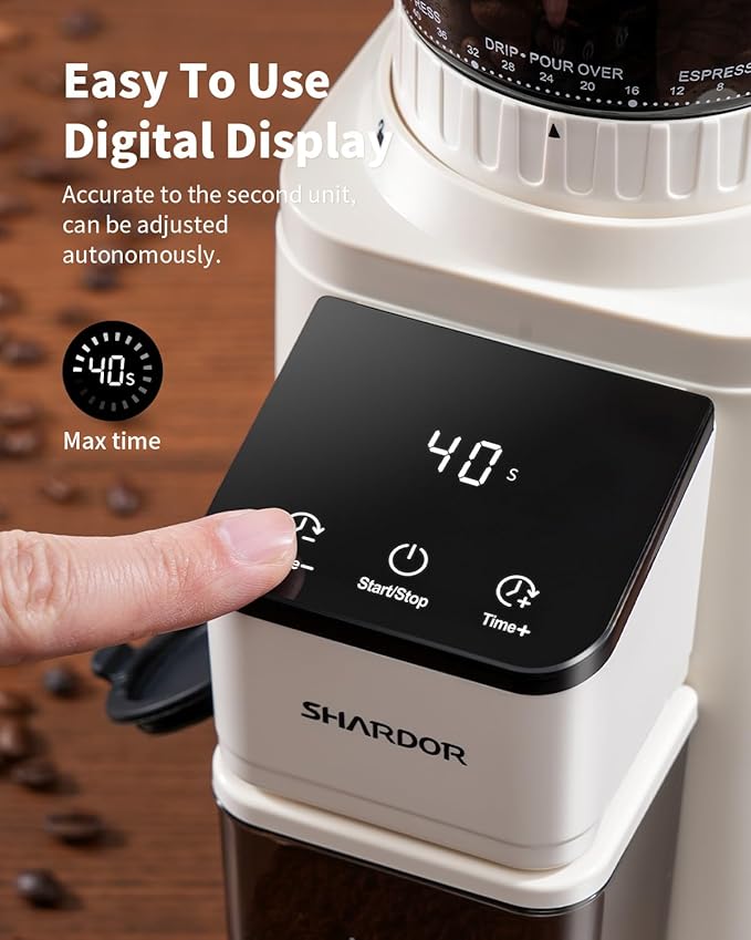 SHARDOR Conical Burr Coffee Bean Grinder, Anti-Static, 48 Settings, White | Electric Grinding for Home Use, LCD Touchscreen, Precision Timer, Detachable Parts, Low Speed, 150W Motor, 9.7 oz Hopper