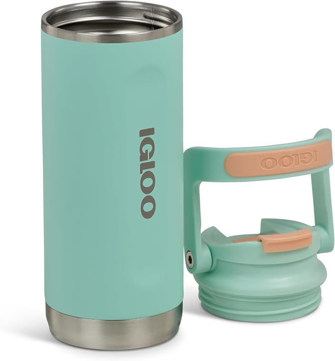Igloo, 16 oz FlipNSip Tumbler, Reusable Travel Mug, Stainless Steel Insulated Hydration Cup for Hot & Cold Beverages, Seafoam
