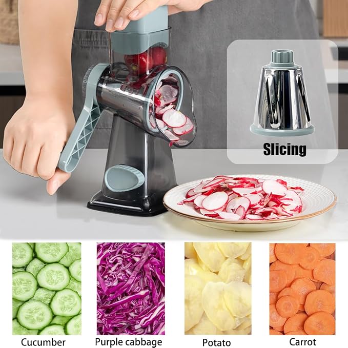 Hand Crank Rotary Cheese Grater Veggie Slicer Carrot Shredder | With 3 interchangable sharpe drum blades, strong sunction base, shred block of cheese in seconds, safe and efficient