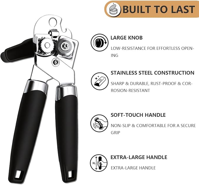 Can Opener Manual Heavy Duty | Hand Held, for Seniors with Oversized Turn Knob, Soft Grip Sharp Blade, Solid Steel Hand Manual, for Kitchen & Camping
