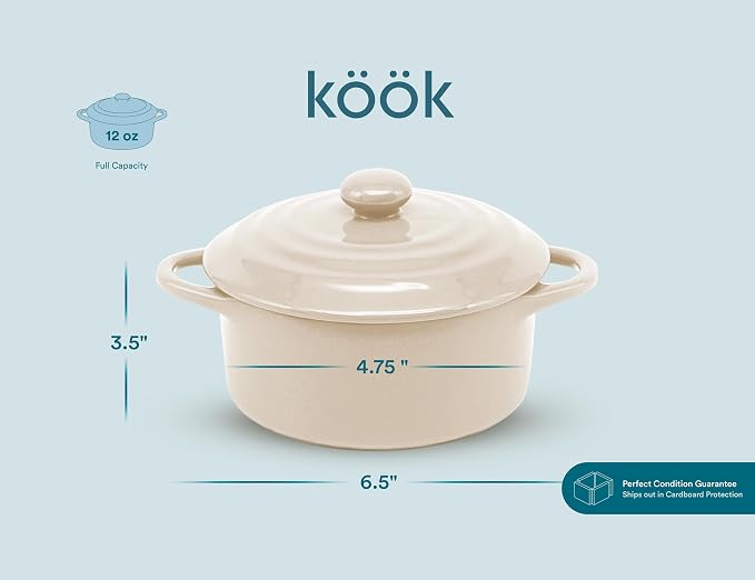 Kook Ceramic Mini Cocotte Set, Small Casserole Dishes with Lids and Handles, Individual Baking Ramekins, Oven, Microwave & Dishwasher Safe, Stoneware, 12 oz, Set of 4, Ivory