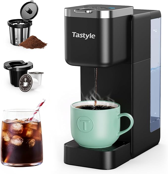 Tastyle Single Serve Coffee Maker for K Cups and Grounds with 3 Brew Styles | 40oz Removable Water Tank, 6 to 24oz Brew Size, Compact Design, Fits 7.3" Travel Mug, for Home, RVs and Office, K330IC, Black