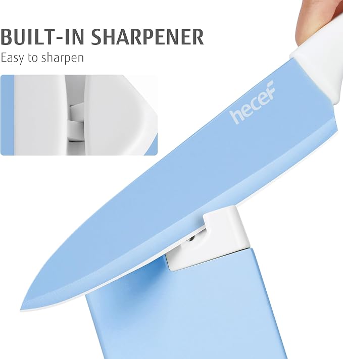 hecef 15 Pieces Kitchen Knife Block Set, Blue | Built-in Sharpening Wooden Block, Dishwasher Safe, High Carbon Stainless Steel, Includes Steak Knives & Kitchen Scissors