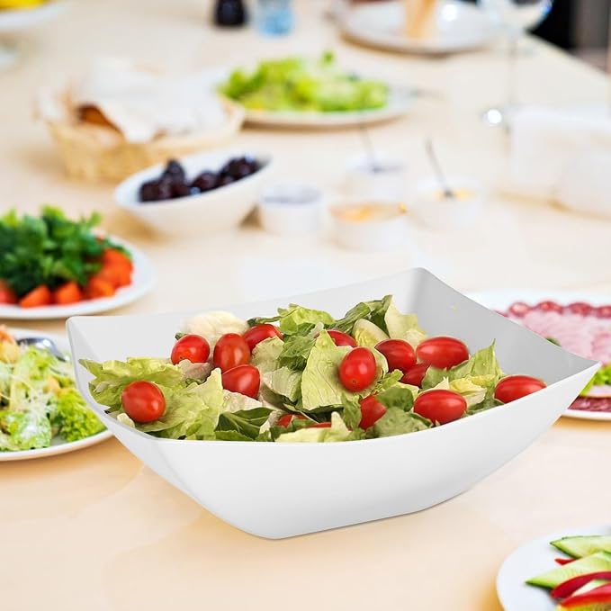 R-kay 6 Pack Square Extra Large Plastic White Serving Bowls -128 Oz White Plastic bowls - Salad Bowls Large Serving, Premium Heavy Duty For Weddings Catering And Birthday parties
