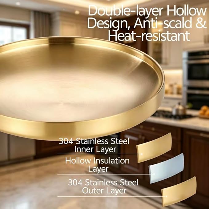 Gold Decorative Serving Tray, 304 Stainless Steel Double-Layer Hollow Bowl, Anti-Scald & Heat-Resistant, Multipurpose Fruit Bowl Jewelry Dish Candle Plate for Dining Table Bathroom Home（9.1inch）