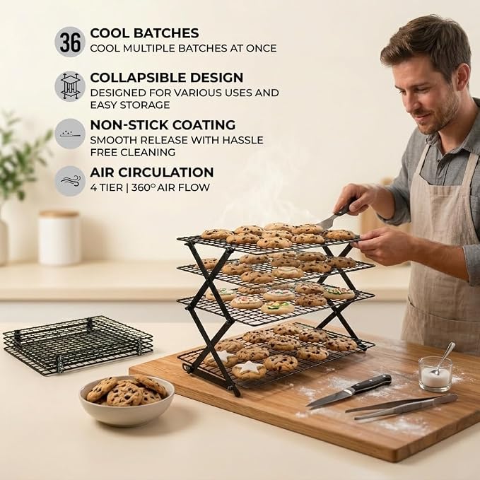 4 Tier Collapsible Cooling Rack for Baking, Tiered & Stackable | Includes 12-piece stainless cookie cutter set. Locks in place at 3 adjustable heights. Folds flat to 2.5in to store.