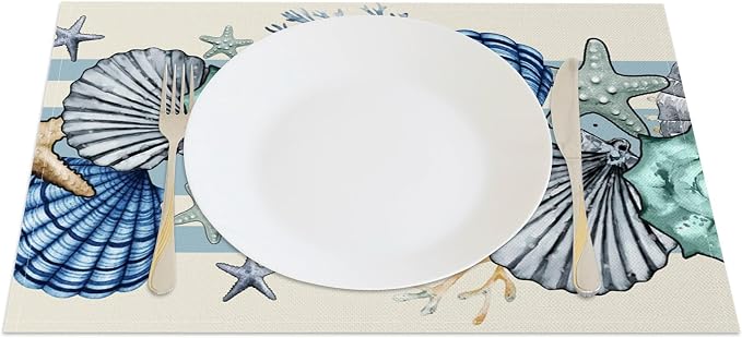 Sea Shell Starfish Beach Placemats Set of 4, 12x18 Inch Seasonal Spring Ocean Coastal Washable Linen Nautical Table Mats for Party Kitchen Dining Decoration