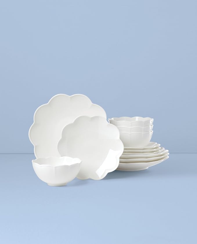 Lenox Studio 1414 Scallop Bone China 12-Piece Dinnerware Set for 4 | dishwasher safe | plates and bowls sets for kitchen and dining | 10.71 inch plate, dish set, dishes, chip resistant