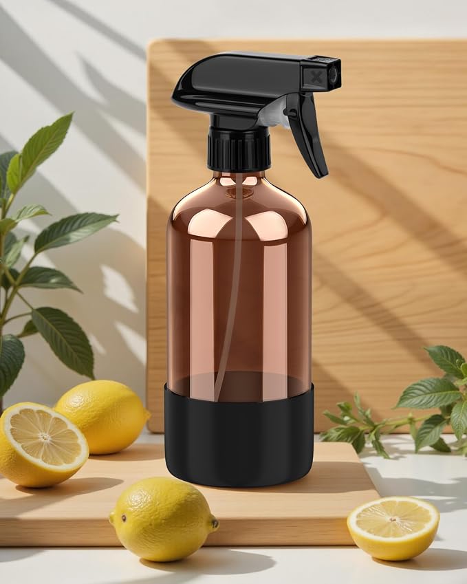 Bontip Amber Glass Spray Bottle, 16 oz with Black Silicone Sleeve, 3 Pack | Refillable amber glass bottle, With protective silicone sleeve, BPA-free, UV shielding, Great for cleaning solutions,plants