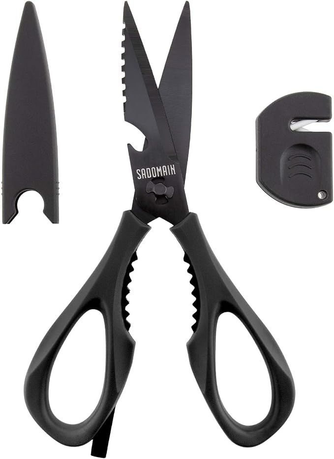 Kitchen Scissors All Purpose, Extra Sharp Kitchen Shears with Knife Sharpener & Sheath, Solid & Durable Stainless Steel Scissors with ANTI-RUST Black Titanium Plated, Dishwasher Safe – Black