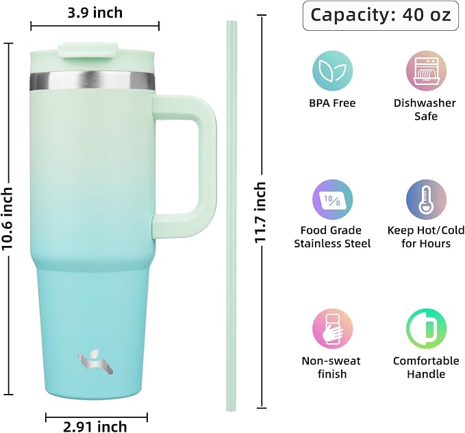 Konokyo 40 oz Insulated Tumbler Water Bottle with Handle, Straw Lid | BPA-free and dishwasher safe; made for gym, travel, coffee and gifting, 2 straws, cup holder friendly,Mint