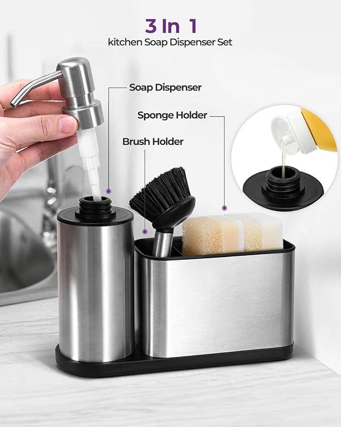 Kitchen Sink Caddy Organizer Stainless Steel Dish Soap Dispenser Set-3 in 1 | Kitchen Soap Dispenser,Sponge Holder for Kitchen Sink with Dish Brush,Dish Brush Holder-Rustproof,Multifunctional